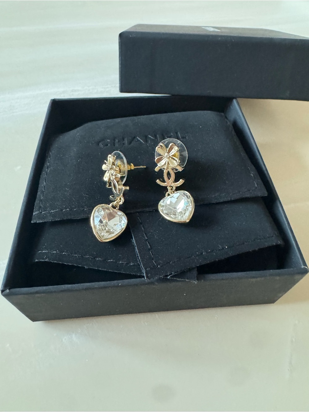 CHANEL Gold-Tone Floral Drop Earrings with Clear Heart Crystals